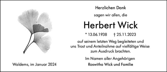 Traueranzeige von Herbert Wick von Camberger Anzeiger