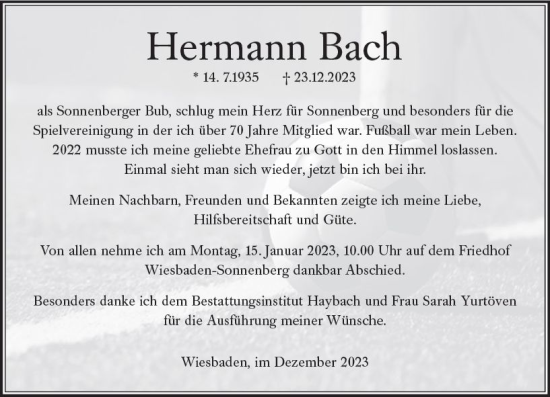 Traueranzeige von Hermann Bach von Wiesbadener Kurier