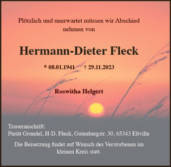 Traueranzeige von Hermann-Dieter Fleck von Rheingau Kurier