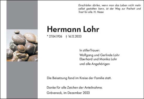 Traueranzeige von Hermann Lohr von Weilburger Tageblatt
