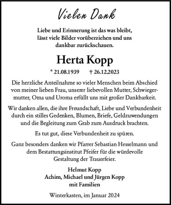 Traueranzeige von Herta Kopp von Bergsträßer Anzeiger