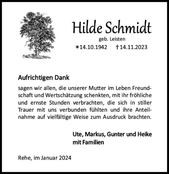Traueranzeige von Hilde Schmidt von Dill Block