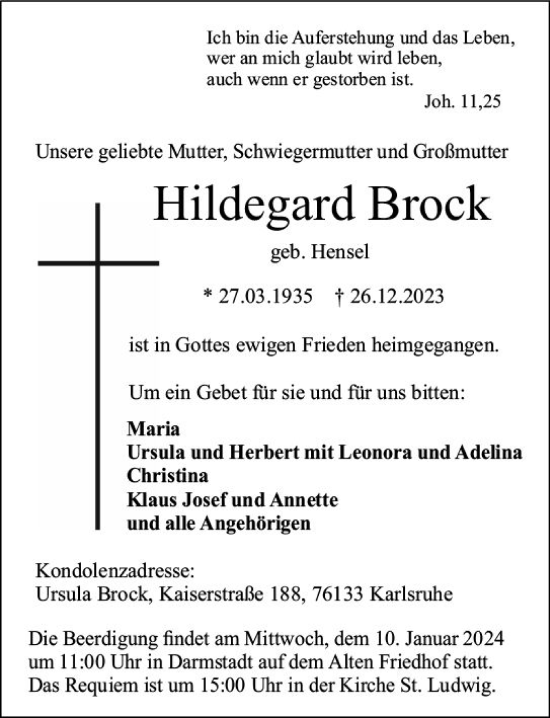 Traueranzeige von Hildegard Brock von Darmstädter Echo