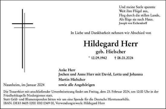Traueranzeige von Hildegard Herr von Dill Block