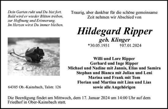 Traueranzeige von Hildegard Ripper von Odenwälder Echo