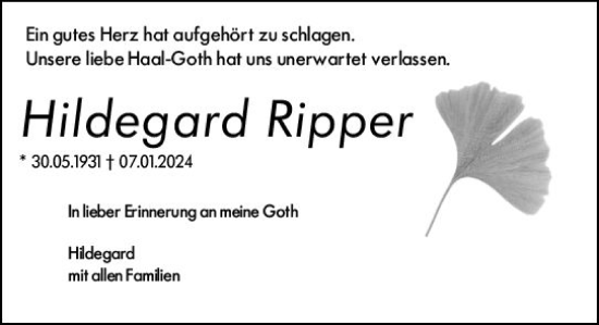 Traueranzeige von Hildegard Ripper von Odenwälder Echo