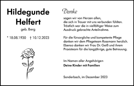 Traueranzeige von Hildegunde Helfert von Starkenburger Echo