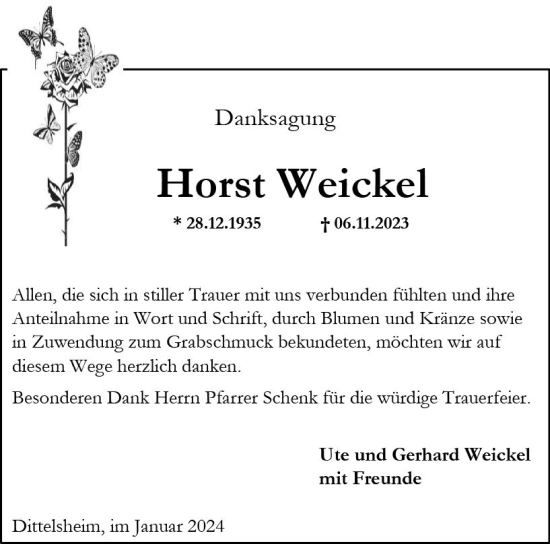 Traueranzeige von Horst Weickel von Wormser Zeitung