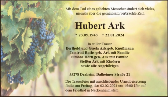 Traueranzeige von Hubert Ark von Allgemeine Zeitung Mainz