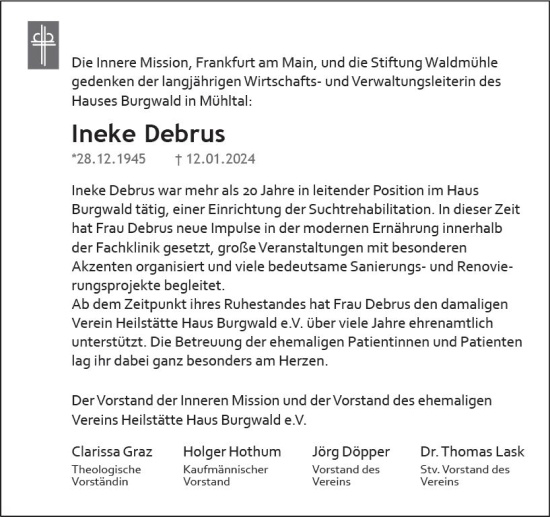 Traueranzeige von Ineke Debrus von Darmstädter Echo