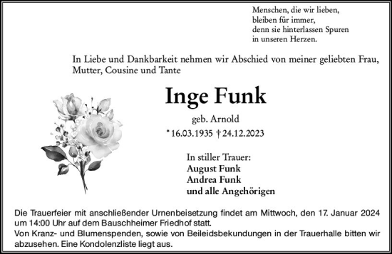 Traueranzeige von Inge Funk von Rüsselsheimer Echo