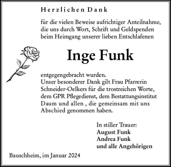 Traueranzeige von Inge Funk von Rüsselsheimer Echo