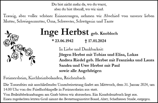 Traueranzeige von Inge Herbst von Allgemeine Zeitung Alzey