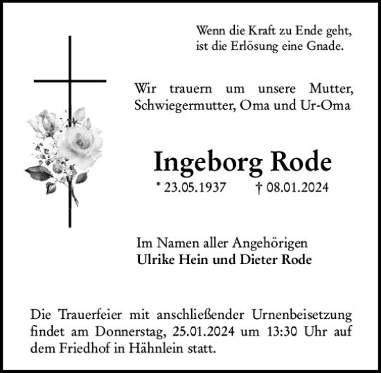 Traueranzeige von Ingeborg Rode von Darmstädter Echo