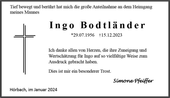 Traueranzeige von Ingo Bodtländer von Dill Block