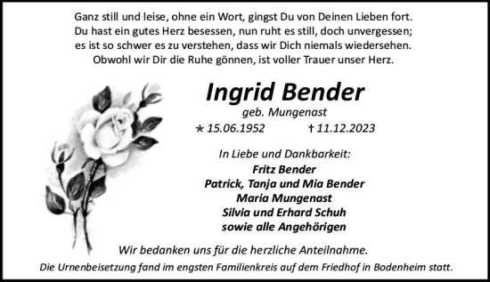 Traueranzeige von Ingrid Bender von Allgemeine Zeitung Mainz