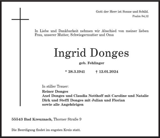 Traueranzeige von Ingrid Donges von Allgemeine Zeitung Bad Kreuznach