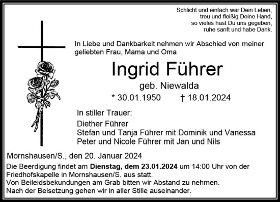 Traueranzeige von Ingrid Führer von Hinterländer Anzeiger
