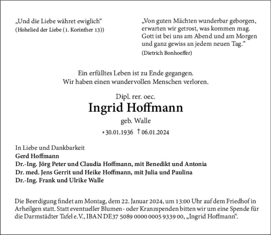 Traueranzeige von Ingrid Hoffmann von Darmstädter Echo