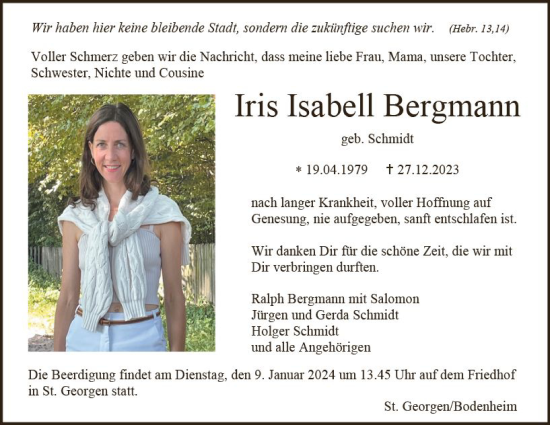 Traueranzeige von Iris Isabell Bergmann von Allgemeine Zeitung Mainz
