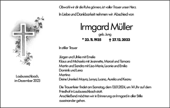 Traueranzeige von Irmgard Müller von Weilburger Tageblatt