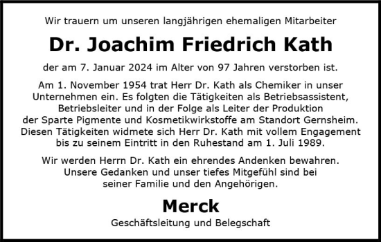 Traueranzeige von Joachim Friedrich Kath von Groß-Gerauer Echo