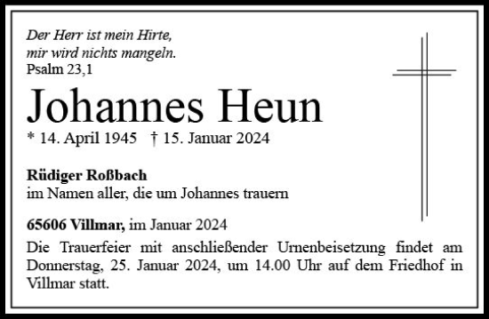 Traueranzeige von Johannes Heun von Nassauische Neue Presse