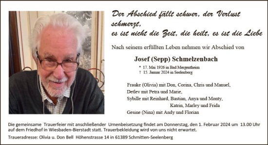 Traueranzeige von Josef Schmelzenbach von Wiesbadener Kurier