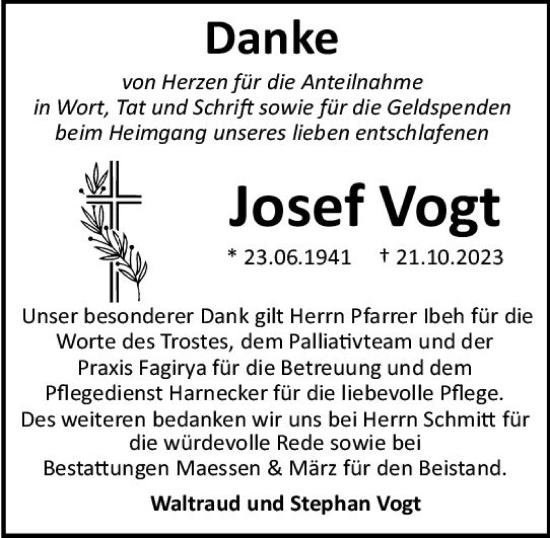 Traueranzeige von Josef Vogt von Binger-/Ingelheimer Wochenblatt
