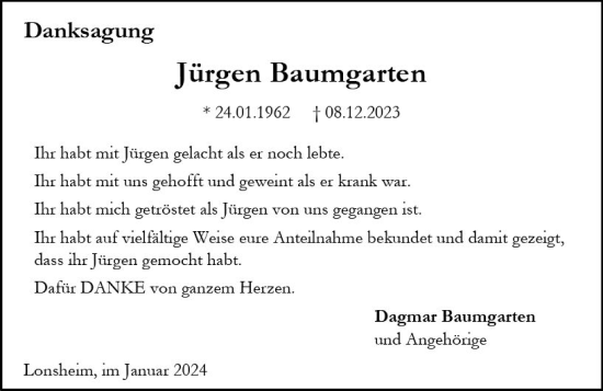 Traueranzeige von Jürgen Baumgarten von Allgemeine Zeitung Alzey