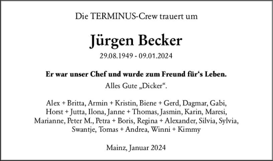 Traueranzeige von Jürgen Becker von Allgemeine Zeitung Mainz