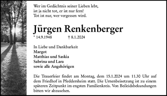 Traueranzeige von Jürgen Renkenberger von Wormser Zeitung