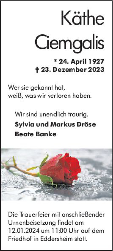 Traueranzeige von Käthe Ciemgalis von Wiesbadener Kurier