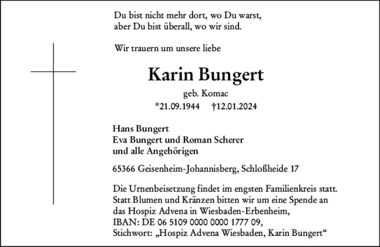 Traueranzeige von Karin Bungert von Rheingau Kurier