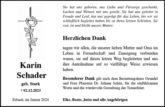 Traueranzeige von Karin Schader von Rheingau Kurier