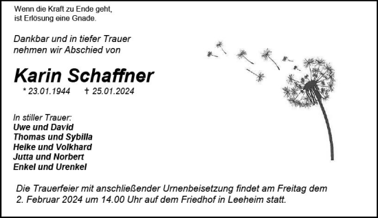 Traueranzeige von Karin Schaffner von Groß-Gerauer Echo