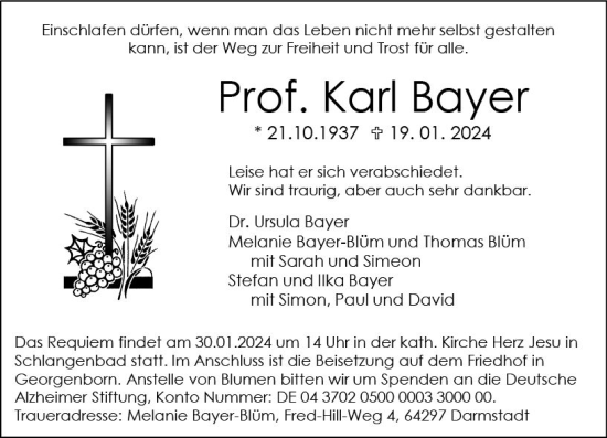 Traueranzeige von Karl Bayer von Wiesbadener Kurier