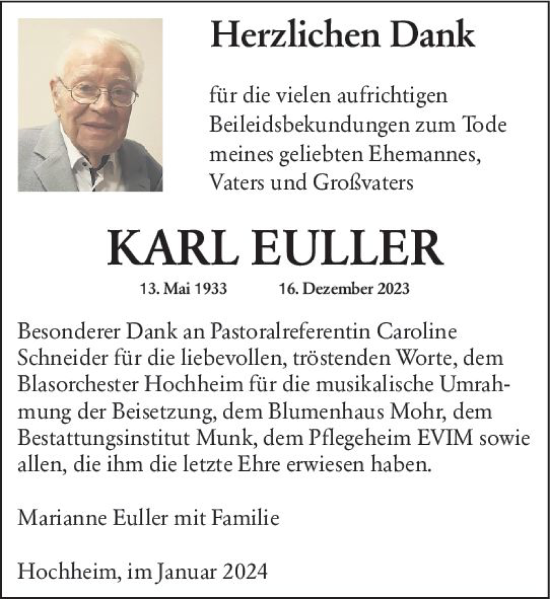 Traueranzeige von Karl Euller von Hochheimer Zeitung