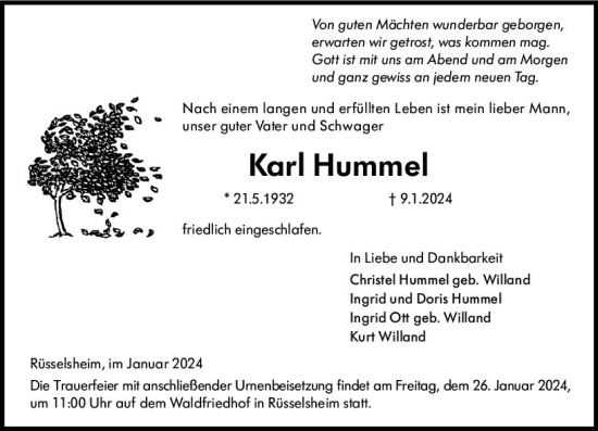 Traueranzeige von Karl Hummel von Rüsselsheimer Echo
