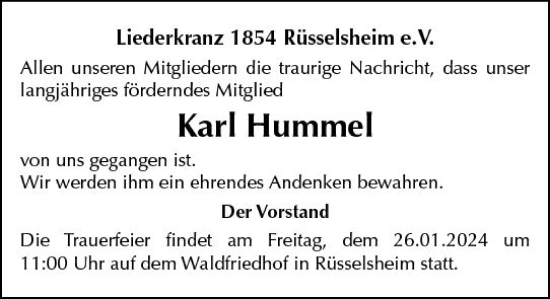 Traueranzeige von Karl Hummel von Rüsselsheimer Echo