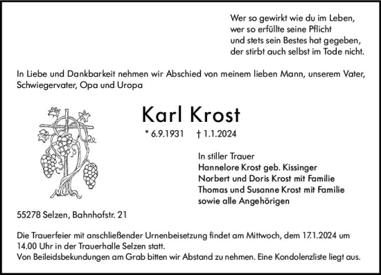 Traueranzeige von Karl Krost von Allgemeine Zeitung Mainz