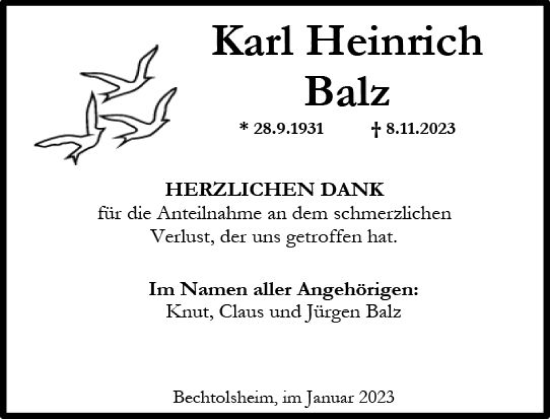 Traueranzeige von Karl Heinrich Balz von Wiesbadener Kurier