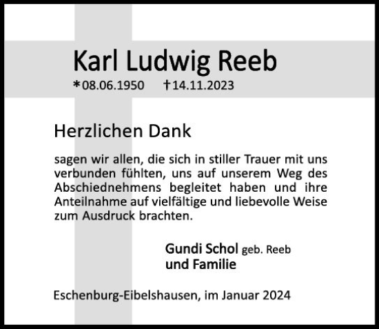 Traueranzeige von Karl Ludwig Reeb von Dill Block