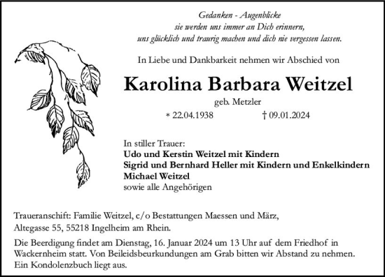 Traueranzeige von Karolina Barbara Weitzel von Allgemeine Zeitung Bingen/Ingelheim
