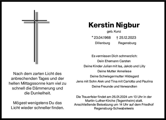 Traueranzeige von Kerstin Nigbur von Dill Block