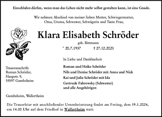 Traueranzeige von Klara Elisabeth Schröder von Allgemeine Zeitung Alzey