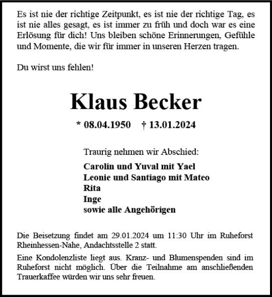 Traueranzeige von Klaus Becker von Allgemeine Zeitung Mainz