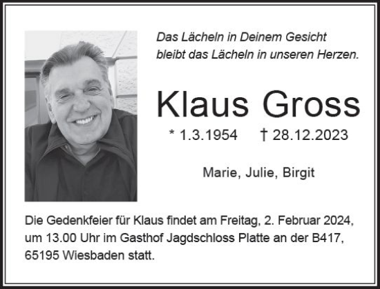 Traueranzeige von Klaus Gross von Wiesbadener Kurier