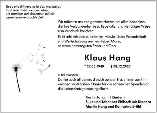 Traueranzeige von Klaus Hang von Allgemeine Zeitung Bingen/Ingelheim