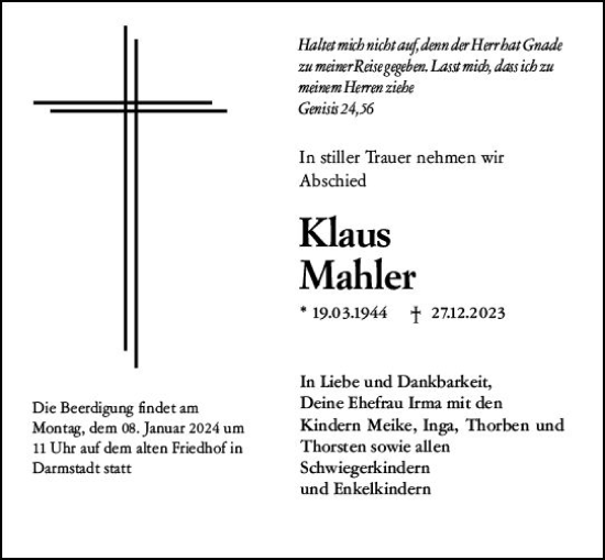 Traueranzeige von Klaus Mahler von Darmstädter Echo